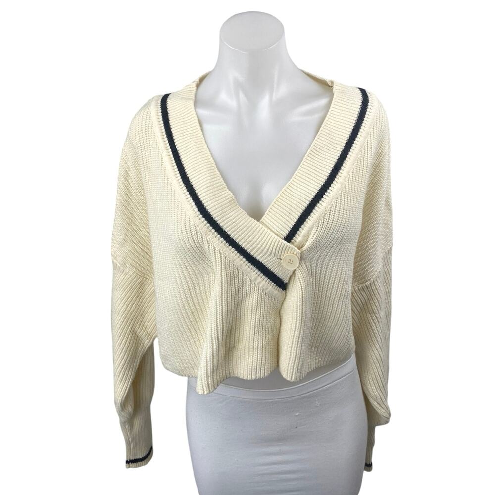 Oak + Fort Cream Rib Chunky Knit V-neck Long Sleeve Crop Cardigan Sweater Top M